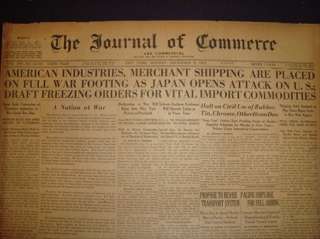   12 1941 NEWSPAPER WWII JAPAN ATTACK PEARL HARBOR U.S. DECEMBER 8 1941