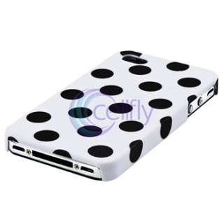 White Large Polka Dot Case+Diamond Screen Protector For Apple iPhone 4 
