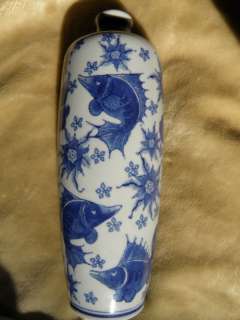 Blue White Decorative Koi Fish Oriental Vintage Vase FREE USA SHIPPING 