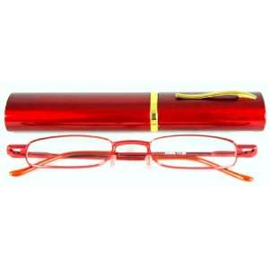 Reading Glasses~Metal Frame~Spring Hinge~Tube Case~Red +1 