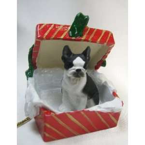 Boston Terrier Figurine   Holiday Red and Gold Gift Box 