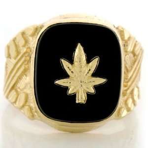  14k Solid Gold Nugget Onyx Mens Ring w/ Marijuana Jewelry