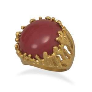  Gold Plated Brass Red Coral Fashion Ring Size 7 Jewelry