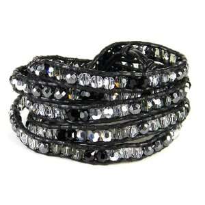 Chan Luu Onyx Hematite Crystal Multi Wrap Bracelet on Black Leather 