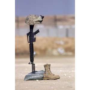  Boots, Rifle, Dog Tags, and Protective Helmet Stand in 