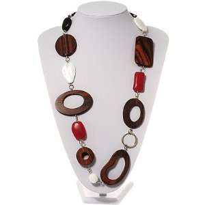 Wood & Silver Tone Metal Link Leather Style Long Necklace (Dark Brown 