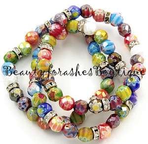 MULTI COLOR COLORFUL MURANO GLASS FLOWER BEAD BEADED STRETCH BRACELET 