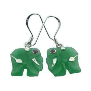  Green Jade Lucky Elephant Earrings, 925 Sterling Silver Jewelry