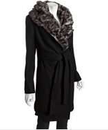 Hilary Radley black wool blend faux fur shawl collar belted coat style 
