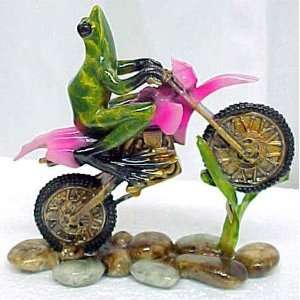  Green Tree Frog On Pink Dirt Bike Figurine Motorcycle 