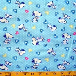 Peanuts fabric   Snoopy Dog hearts polka dot on blue  