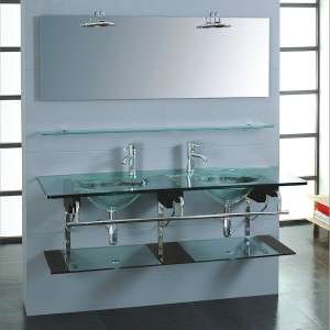 Modern 59 Bathroom Glass Double Basin Sink Wall Mounted Vanity Set 