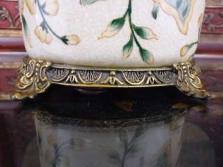 Crackled Floral Porcelain Table Lamp Antique Brass Rim  