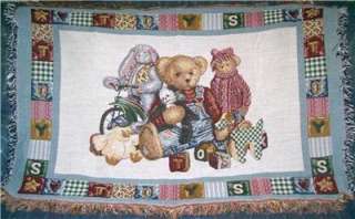Blue Jean Teddy Bear & Toys Nursery Jacquard Throw Blanket HTF 31x48 