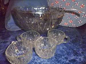 Vintage Punch Bowl Set~Delightful Cut Glass Bowl, 4 3oz Cups, Ladle 