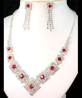   Wedding Diamante Red Crystals Necklace Earrings Set Prom 34  