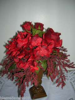 Mothers Day 13 Red Silk Roses & Hydrangea Floral Arrangement in Urn 