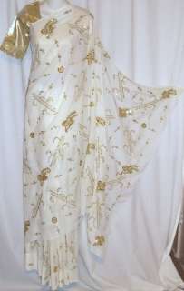White Antique Gold Sari Indian Saree Fabric Costume Belly Dance 