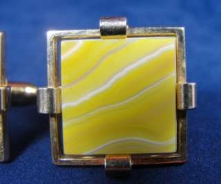   Mens ANSON Art Deco Yellow Art Glass Stone Look Square Gold Cufflinks