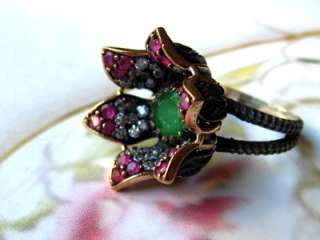 EXOTIC TURKISH FLOWER RING. STERLING SILVER WITH RIBIES EMERALD AND 