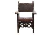 French Chinese Walnut Leather Throne Carver Armchair  