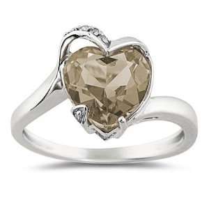  Heart Shaped Smokey Quartz and Diamond Ring in 14K White 