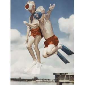 Retro Boys Jumping into Water Wearing Snorkeling Gear Photographic 