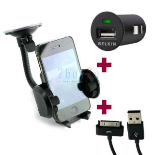 Car Mount + Genuine Belkin Car Charger + USB Data Cable for iPhone 4 